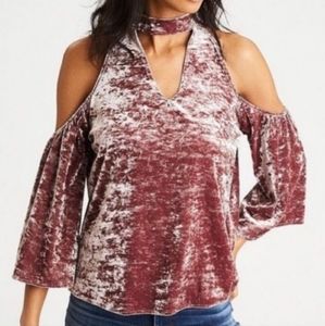 American Eagle Velour Cut Out Cold  Shoulder Bell Sleeve Top Keyhole Shirt Y2K